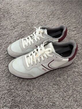 Boss Men's White Sneakers with Burgundy Trim